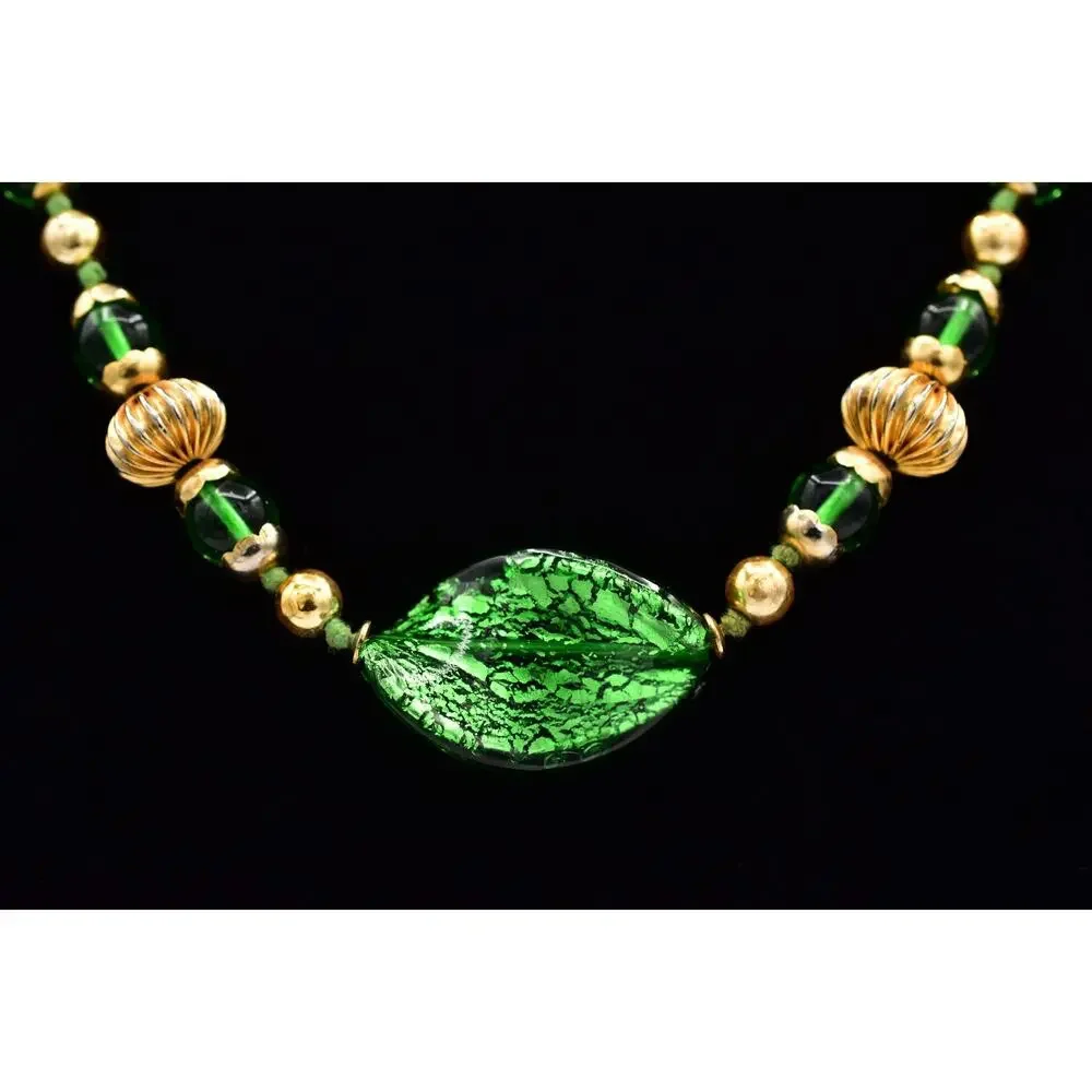 Vintage Artisan Glass Beaded Necklace Green Leaf Gold Fall Autumn 1980s BinBL